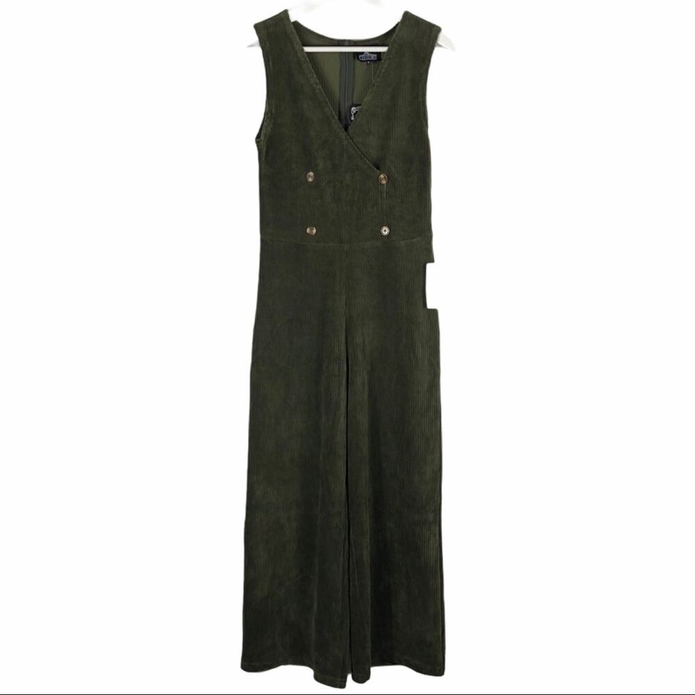 ANGIE Green Corduroy Cropped Jumpsuit‎ Small NWT Stretch Surplice Button Boho - Picture 6 of 9